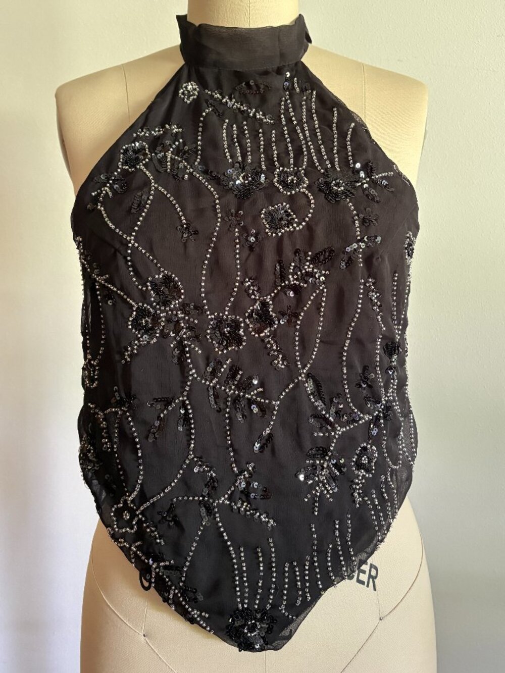 LIVE 4 TRUTH Black Sequined Halter Top – Sheer Beaded Bandana Style Hem